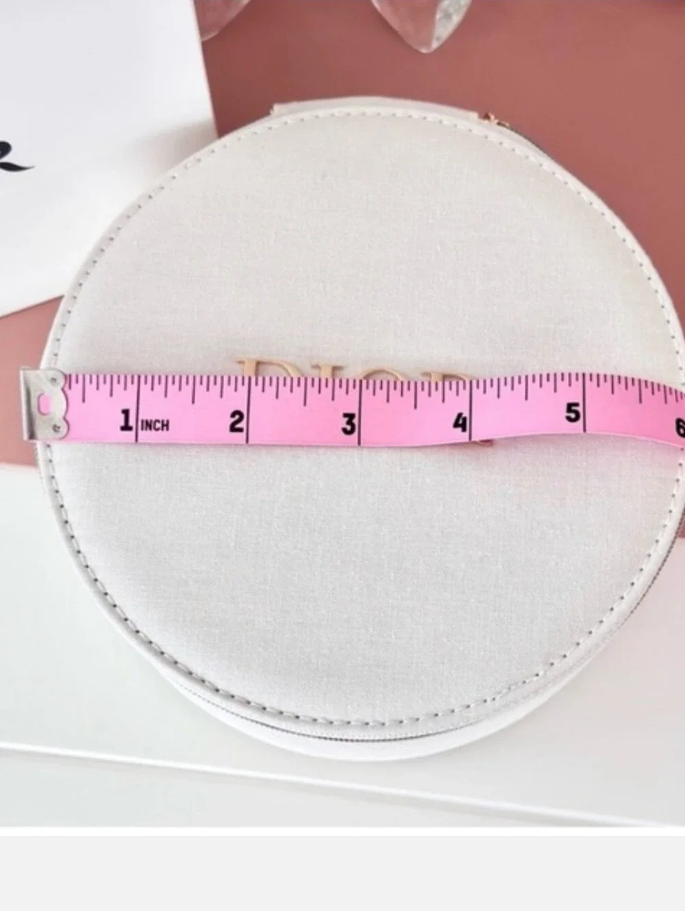 New W Box Dior Denium Round  Solid Cosmetic Case, Gold Zipper.  Small - Medium